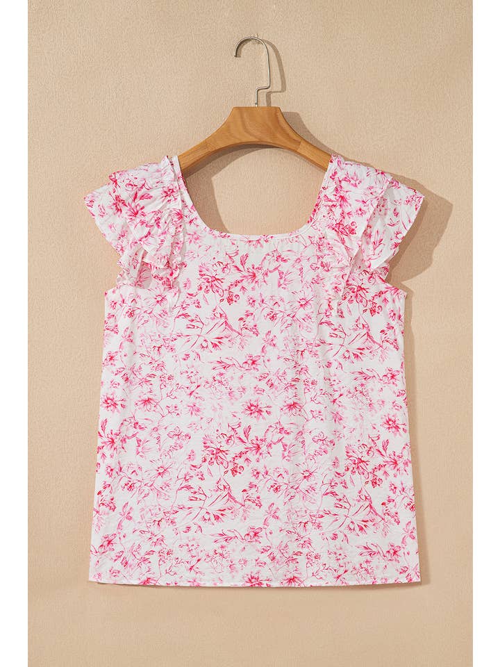 1 the Woman - Wholesale Blouse - Women's - Floral Ruffled Short Sleeve Square Neck Bow Back Blouse4