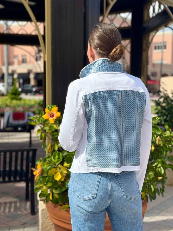 The White Denim Jacket / Blue Lattice for wholesale by Stacy Bradley Design