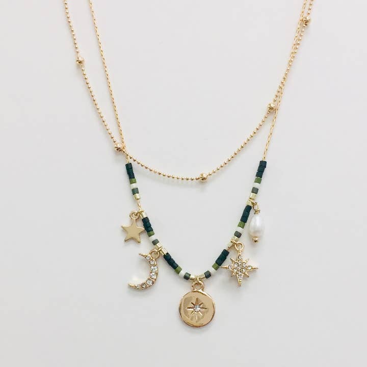 StarryNYC - Wholesale Pendant/Charm Necklace - 2 Row Necklace Multi Charm Star Crescent Starburst Pearl