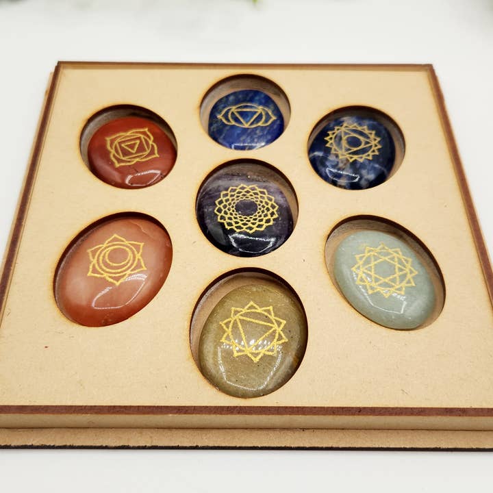 Meraki Gemstones - Wholesale Spiritual Stone/Crystal - Chakra Crystal Set-Palmstone Shape-Charkra Symbols Box Wood