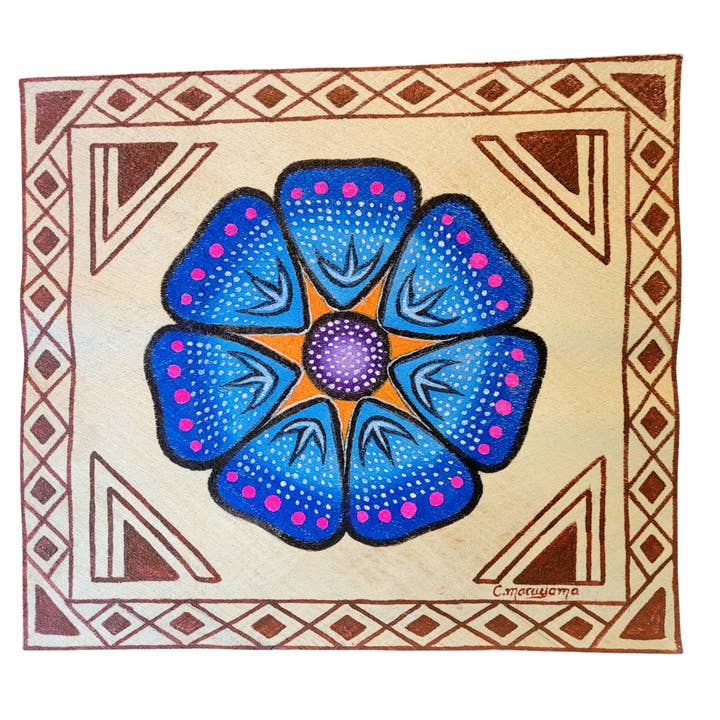 Kukama ayahuasca flower painting on llanchama tree bark canvas - made by Peruvian Amazon artists for wholesale by Amazon Ecology