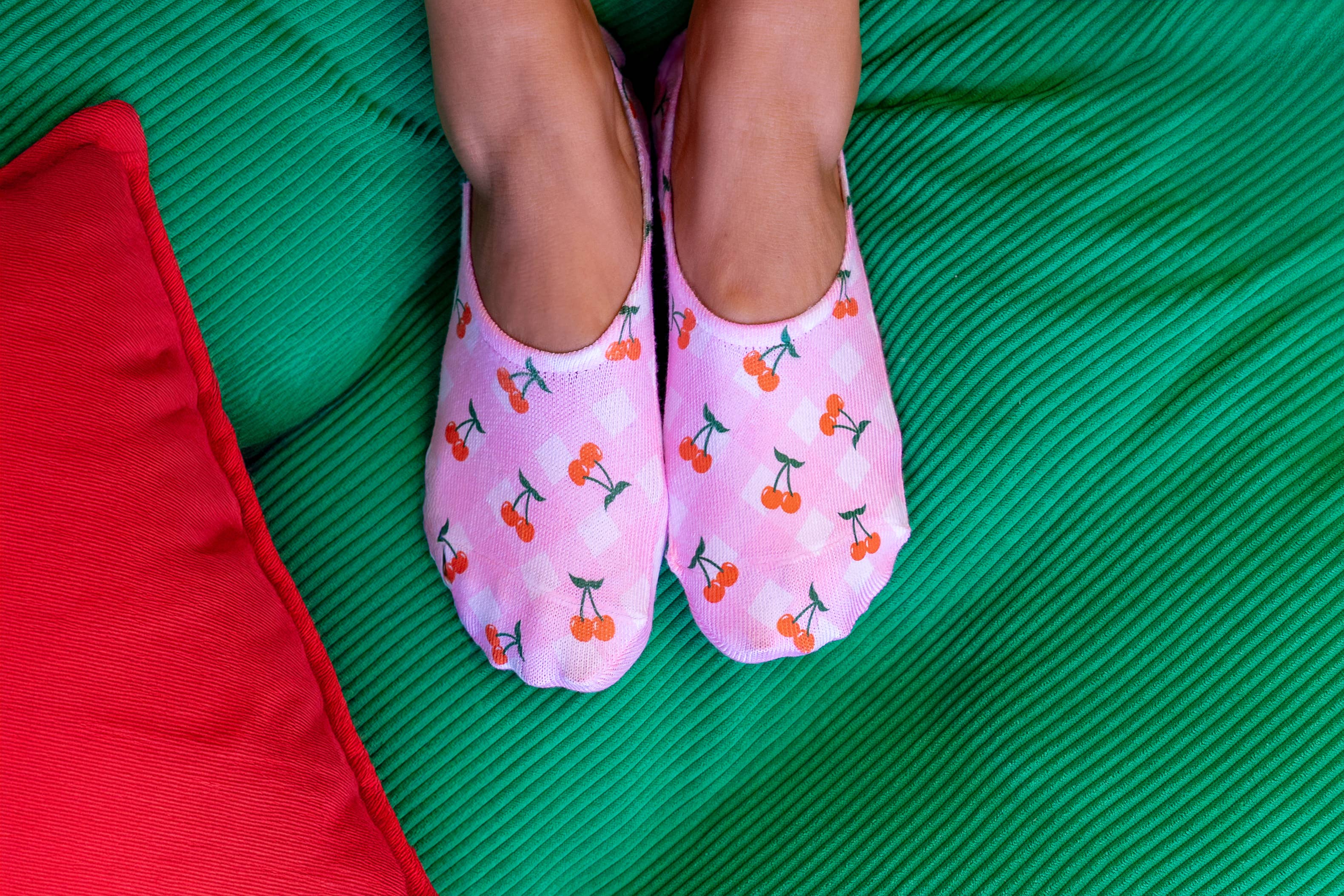 Living Royal - Vente Chaussettes – femme - Chaussettes invisibles - Motif à carreaux avec cerises - Rose3