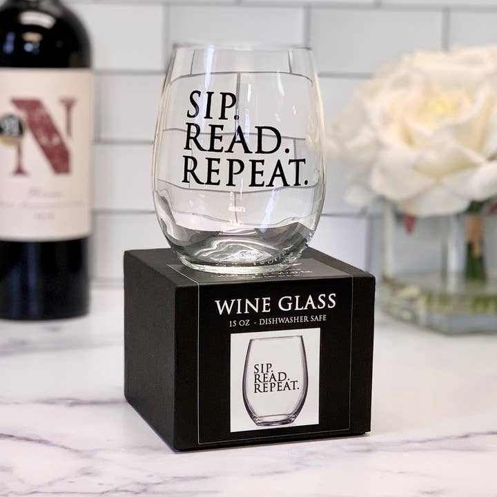 Sip. Read. Repeat. 15oz Stemless Wine Glass for wholesale by Fly Paper Products