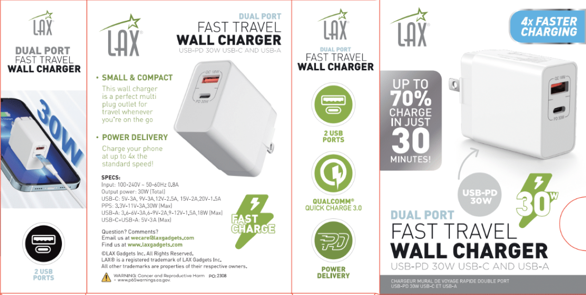 LAX Gadgets - Vente Chargeurs portables - Chargeur rapide LAX DP à 2 ports USB et type C - Emballage de vente au détail blanc4
