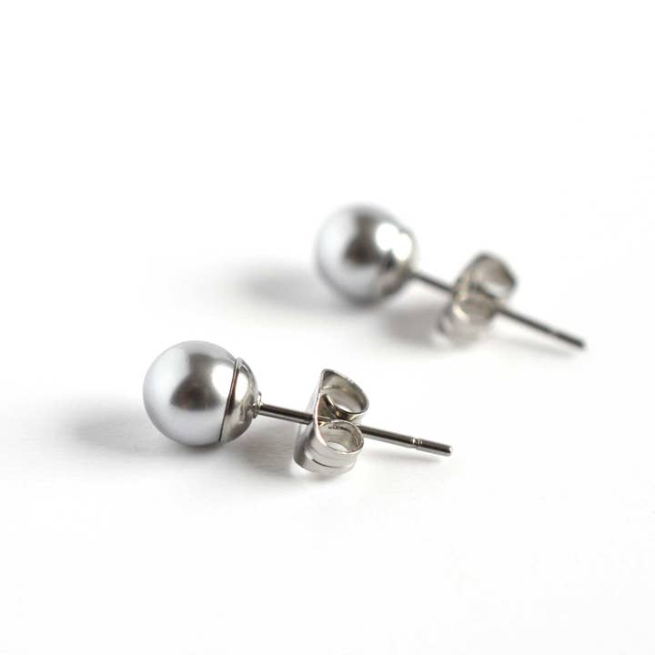6mm Light Grey Faux Pearl Stud Earrings, Hypoallergenic Surgical Steel, Neutral Pearl Studs for wholesale by Little Gems Jewels