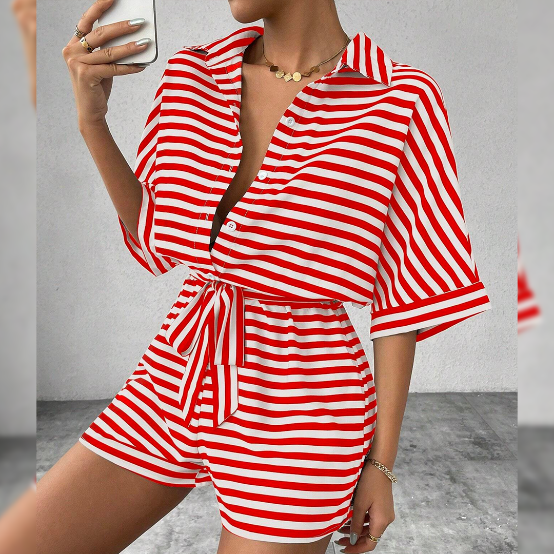 UNISHE - Wholesale Romper - Women's - Summer Striped Lapel Button-Up Belted Shorts Romper AXR1291