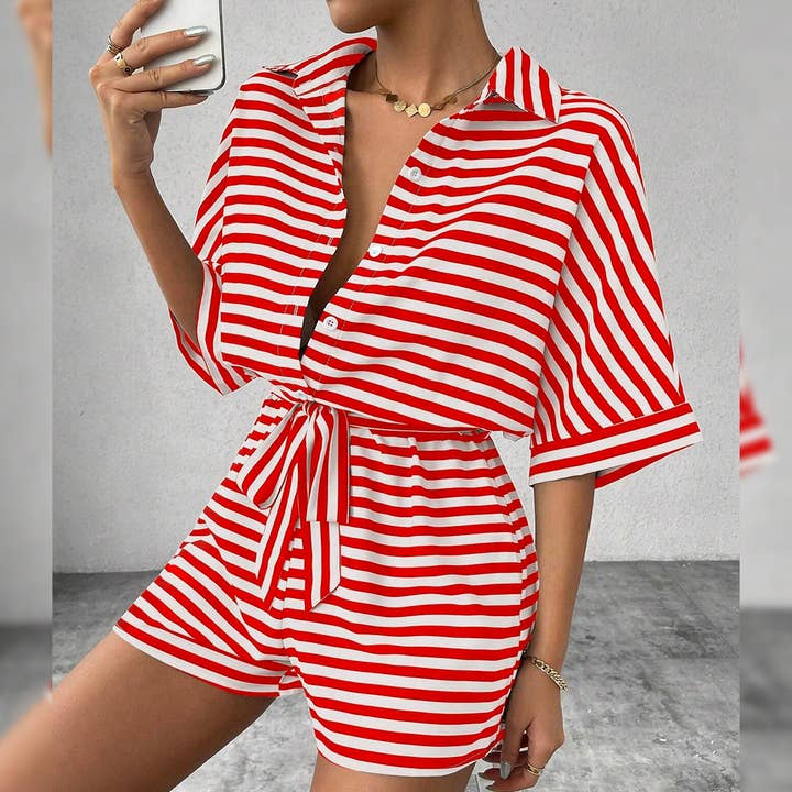 UNISHE - Wholesale Romper - Women's - Summer Striped Lapel Button-Up Belted Shorts Romper AXR1291