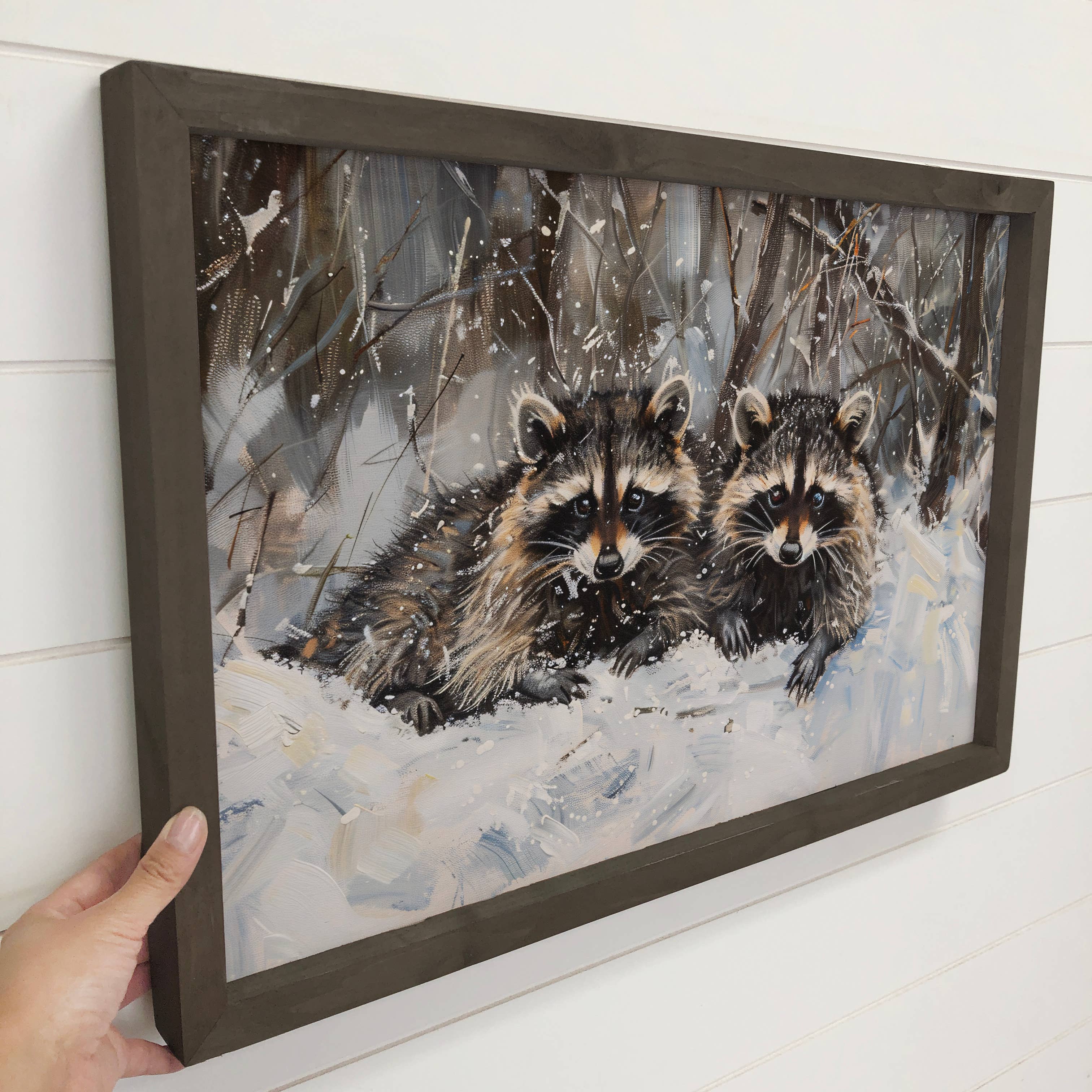 Hangout Home - Wholesale Art Print - Two Racoons in Snow - Winter Animal Canvas Art - Cabin Decor3