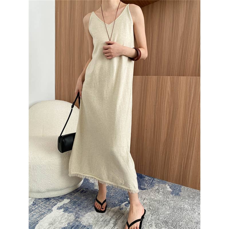 UZ Wholesale Store – Vestido comprido - Mulher por atacado – Vestido Comprido de Malha sem Mangas com Decote em V5