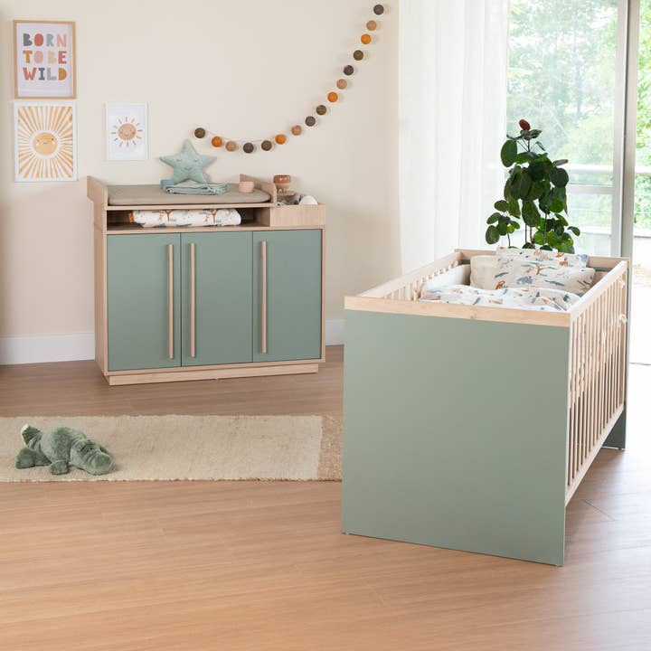 2-piece furniture set 'Selva' - Baby bed 70x140 + changing table - Reed Green / Virginia Chestnut for wholesale by roba kids