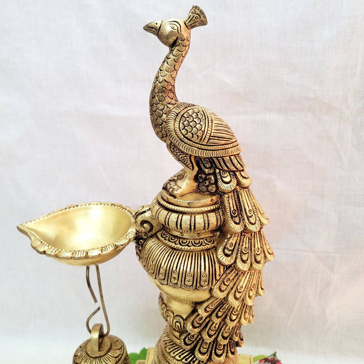 Golden Traditional Brass Peacock Diya 19" for Pooja | Decorative Brass Peacock Diya Temple for wholesale on Faire2