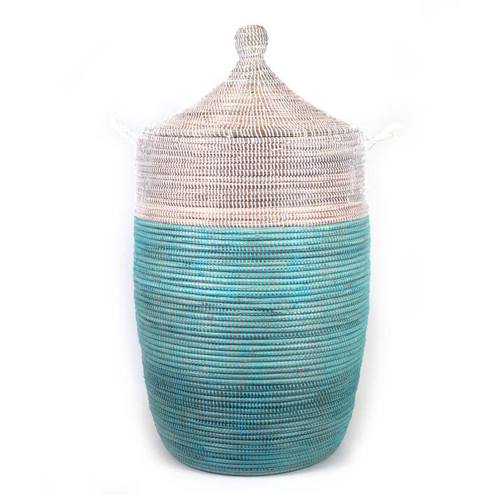 Mbare Home + Gift - Wholesale Basket - Senegalese Hamper - Two Tone Turquoise and White
