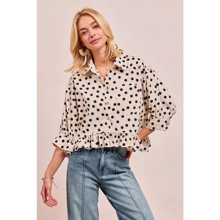 Polka Dot Printed Peplum Top With Front Button and other Purchase Wholesale polka dots. Free Returns & Net 60 Terms on Faire trending on Faire.