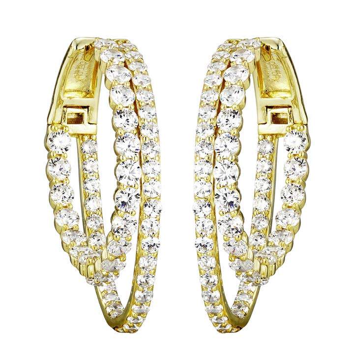 Brincos de argola dupla fila CZ com acabamento a ouro por atacado de Dlux Jewels