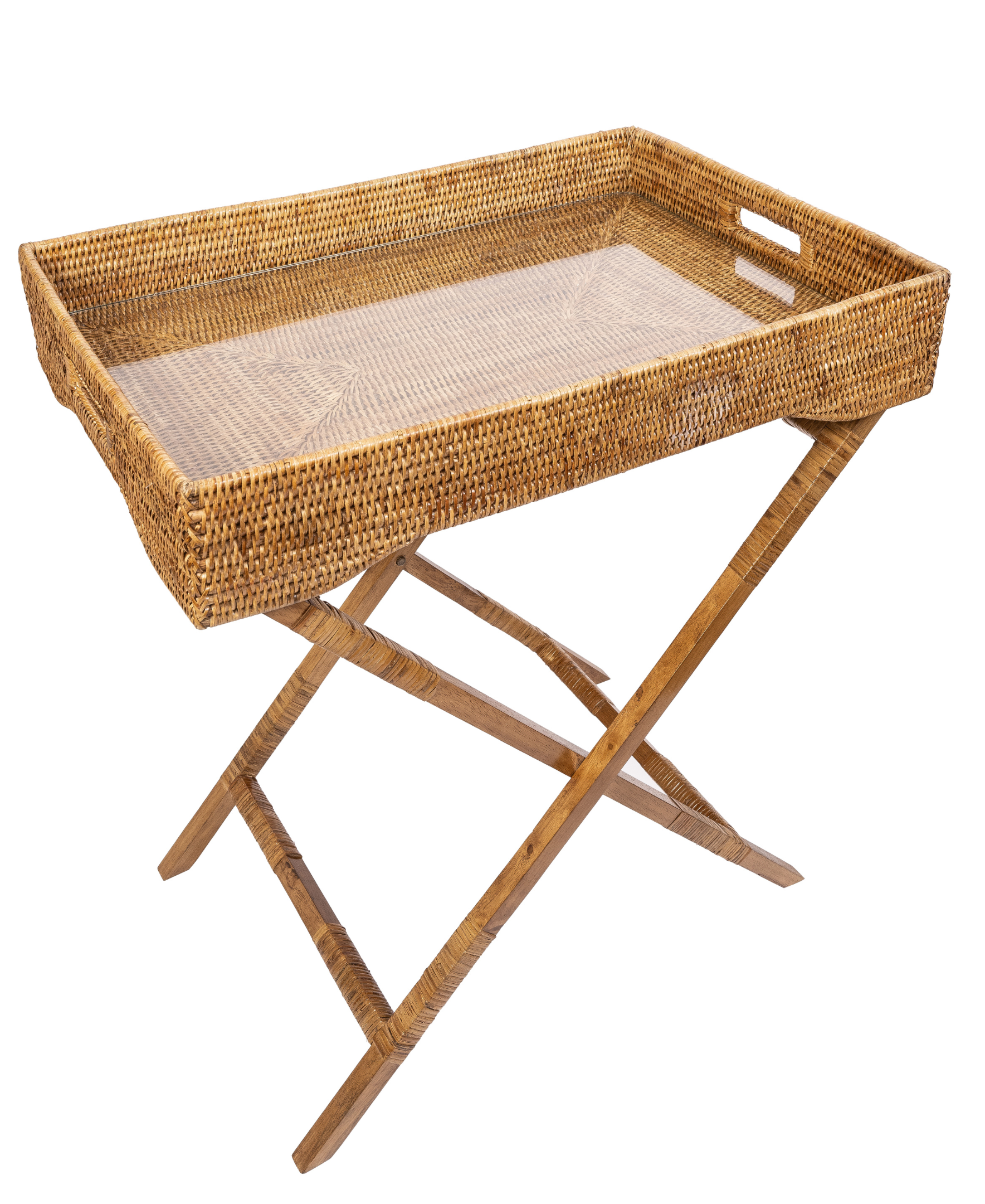 Artifacts Trading Company - Wholesale Serving Tray - Rattan Butler Tray Table with Glass Insert – Folding Table8