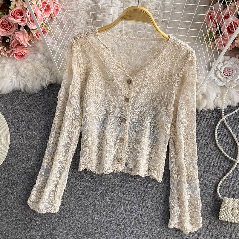 Hope & Sunshine – Cardigan - Mulher por atacado – Top de Renda com Recortes em Croché e Manga Comprida0