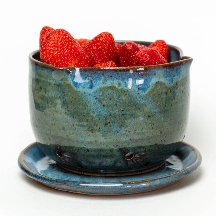 Berry Bowl/Colander - USA Handthrown Stoneware - Dark Blue for wholesale by White Squirrel Clayworks