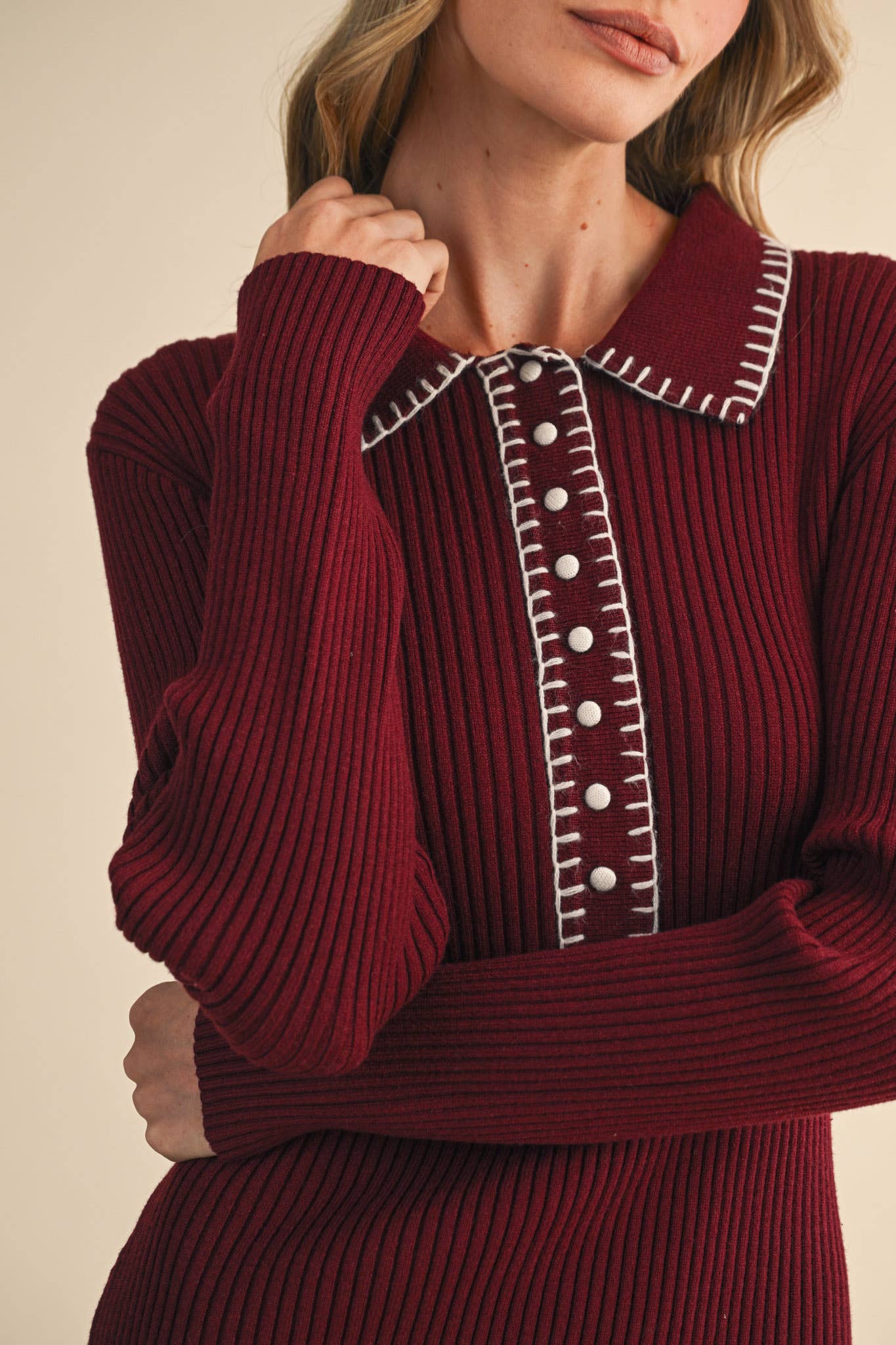 &MERCI - Wholesale Dress - Women's - RIBBED SWEATER MIDI DRESS WITH CONTRAST STITCH MSW1123232