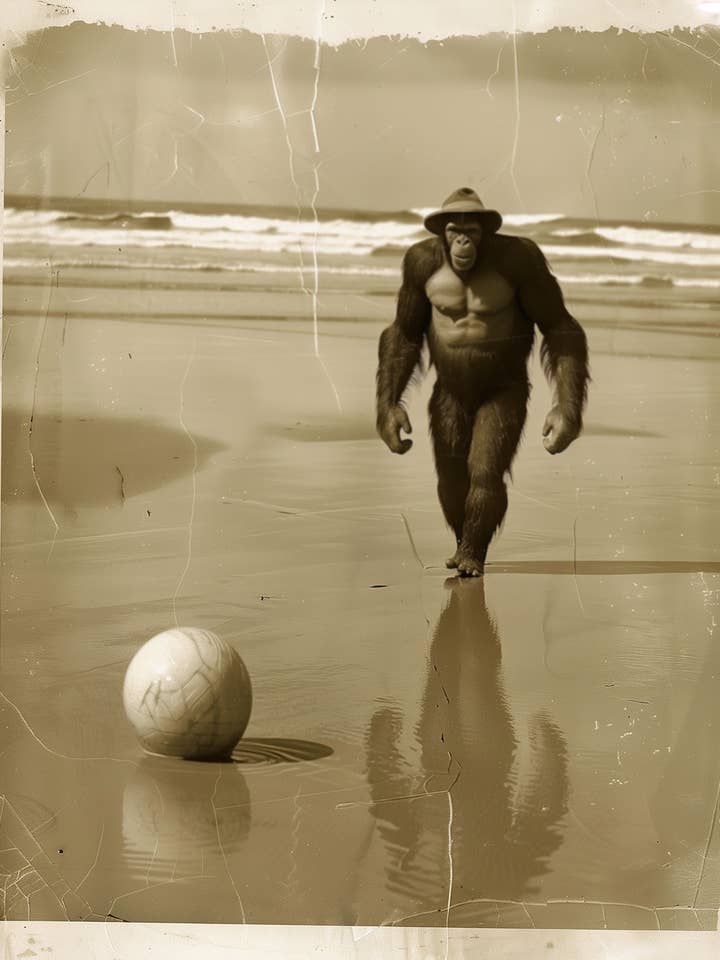 Fotografía vintage de Bigfoot en la playa Críptidos Impresiones de arte - Impresiones de Bigfoot – Obra de arte de 8″x10″ en paspartú de 11″x14″ para venta al por mayor de Mowbi