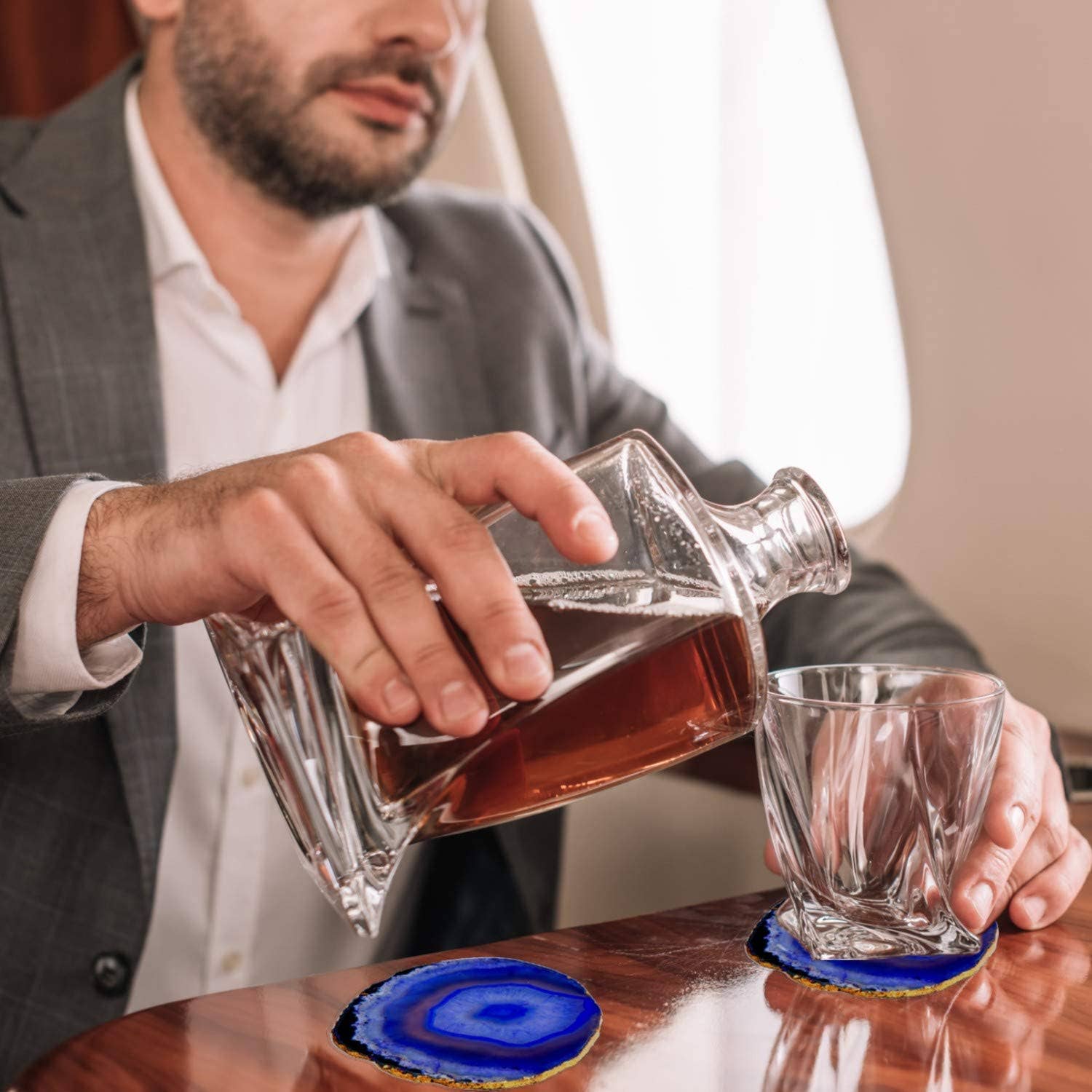 Bezrat - Wholesale Coasters - Set of 4 Blue Agate Coasters for Drinks- Silver Edge4