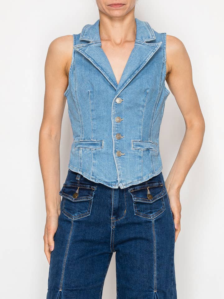 3001 blue button down sleeveless top for wholesale by Nina Rossi Jeans