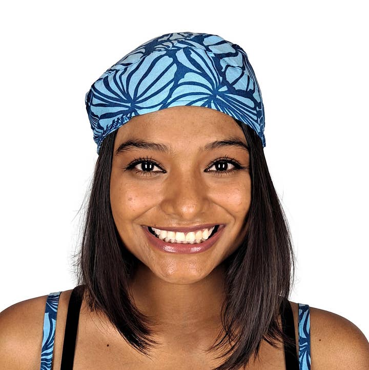 Dorag – Blue Hibiscus Rayon with Matching Scrunchie for wholesale by Island Style Clothing Co by Akamai Distribution Ltd