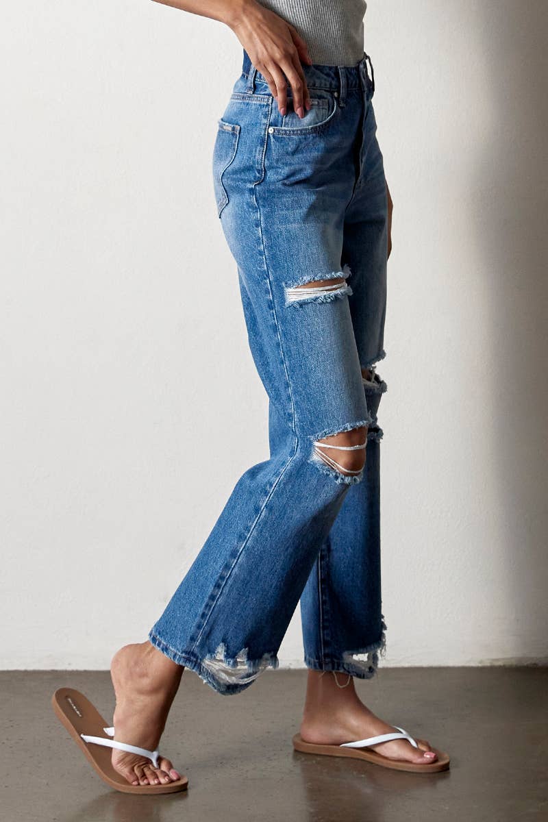 AGED DARK High Rise Destructed Straight Jeans for wholesale on Faire6