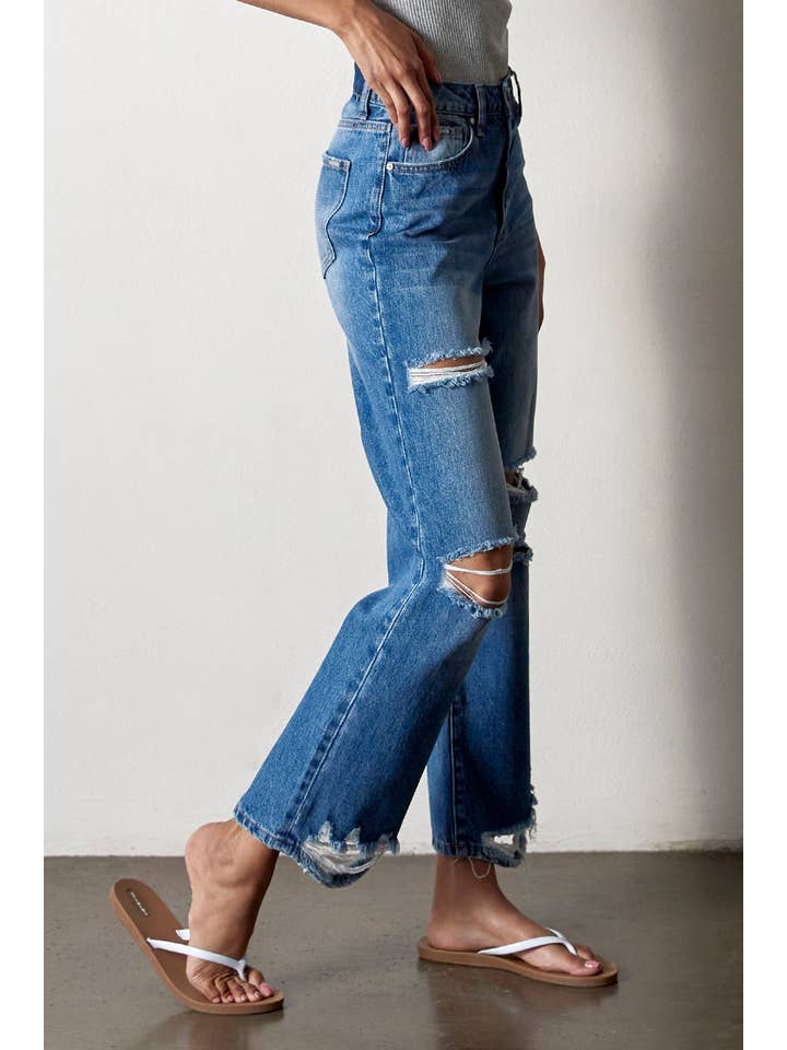 AGED DARK High Rise Destructed Straight Jeans for wholesale on Faire6