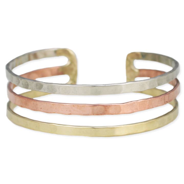 ZAD - Wholesale Cuff Bracelet - 3 Line Mixed Metal Hammered Cuff Bracelet