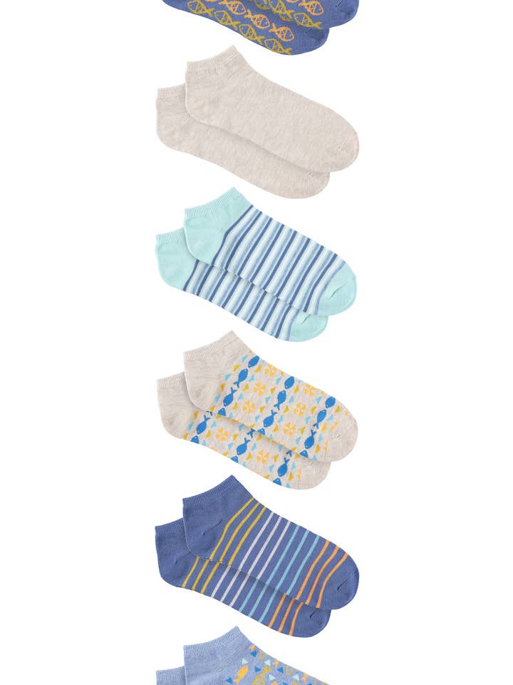 Aztec Fish 6-pack No Show sokken voor wholesale door Caribbean Joe