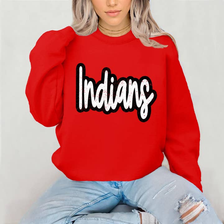 Distressed Script Indians School Spirit Sweatshirt for wholesale by Shirts & Giggles