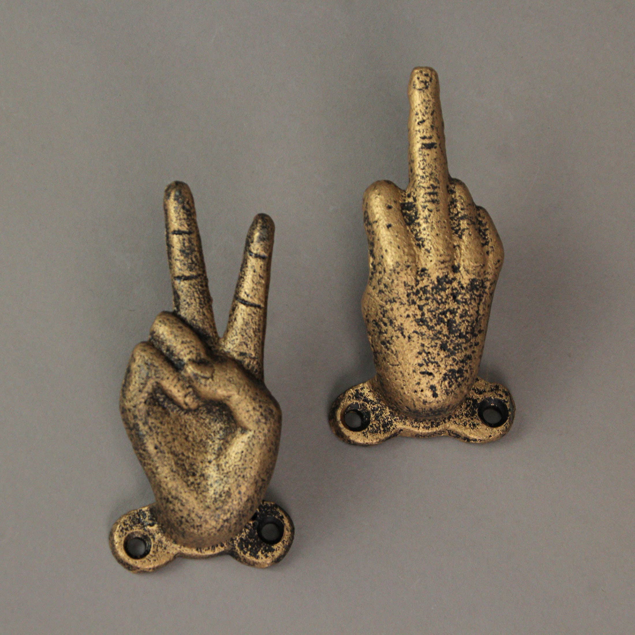 Zeckos - Wholesale Wall Hook - Set of 3 Gold Cast Iron Hand Gesture Decorative Wall Hooks2
