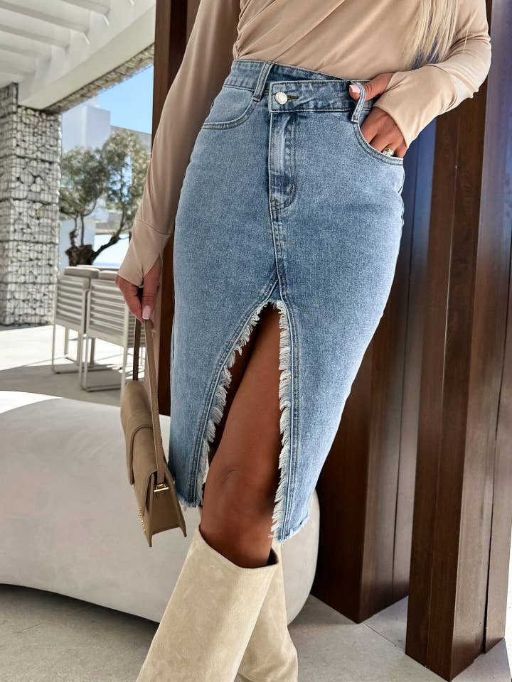 Blue Solid Color Denim Split Skirt for wholesale on Faire
