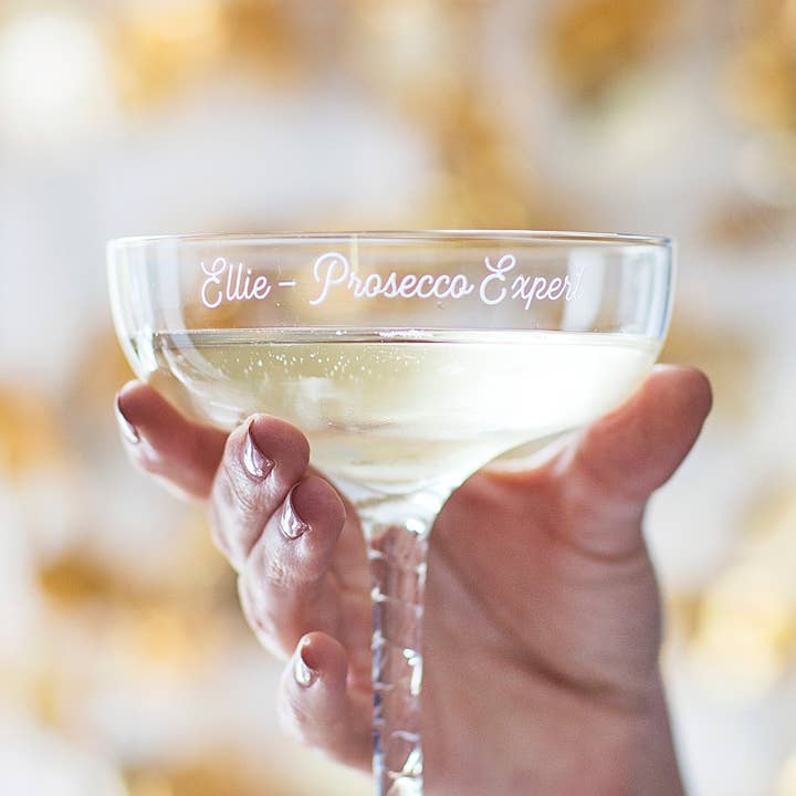 Personalised Spiral Stem Champagne Saucer for wholesale by Becky Broome