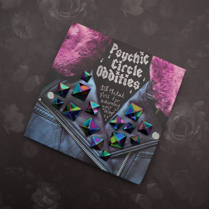 Psychic circle oddities - Wholesale Brooch - Rainbow colored metal pyramid stud pin set- 15 pieces! Great3