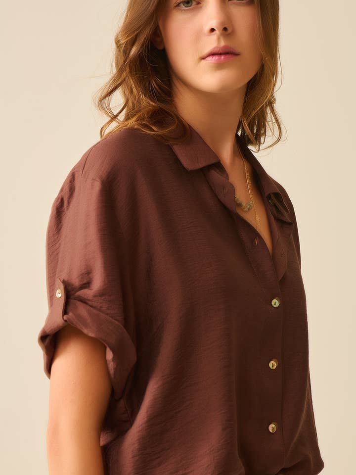 Chocolate Brown shirt with short sleeves and pleat on the sleeve for wholesale on Faire4