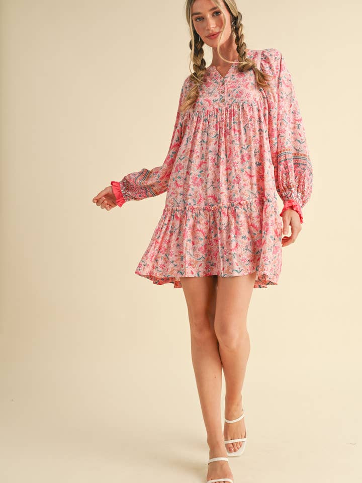 &MERCI - Wholesale Dress - Women's - EXCLUSIVE PRINT PUFF SLEEVE TIERED BABYDOLL DRESS MDR349017