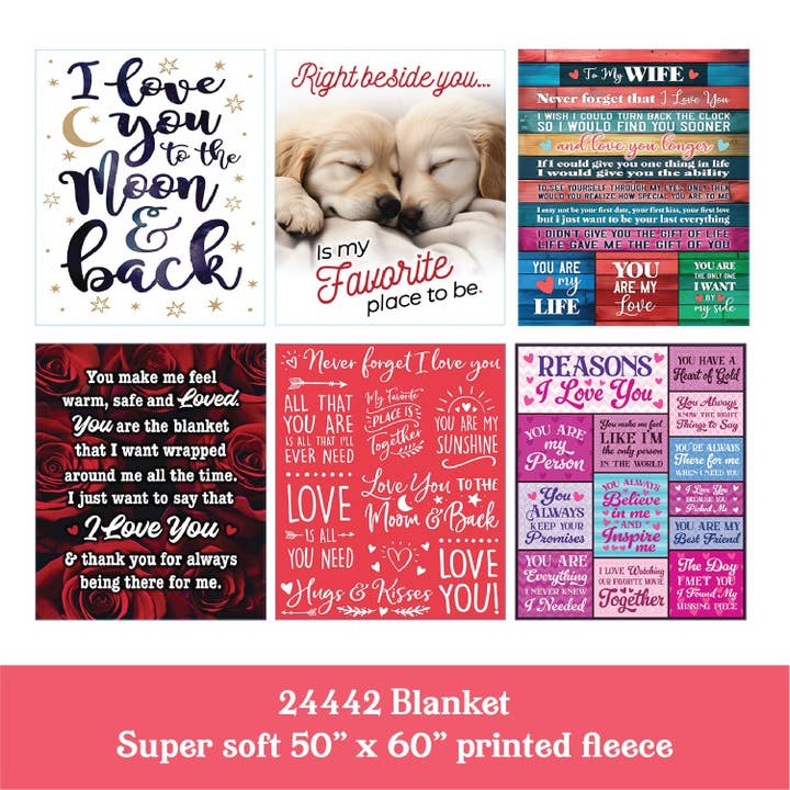 Novelty Closeout - Wholesale Throw Blanket - Jumbo Plush Fleece Blanket 50 x 60 LOVE Assortment- 6/Pack