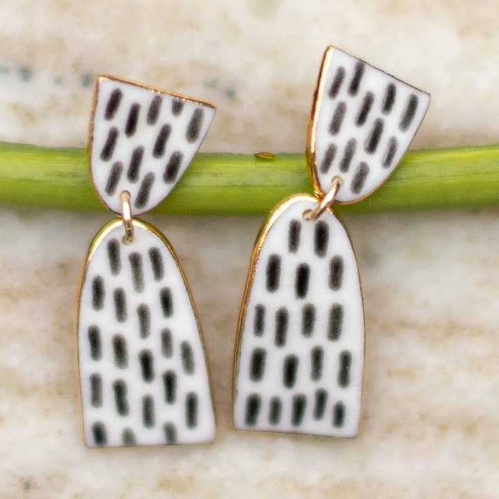 white and black dangle stud earrings for wholesale by Remnant Studios