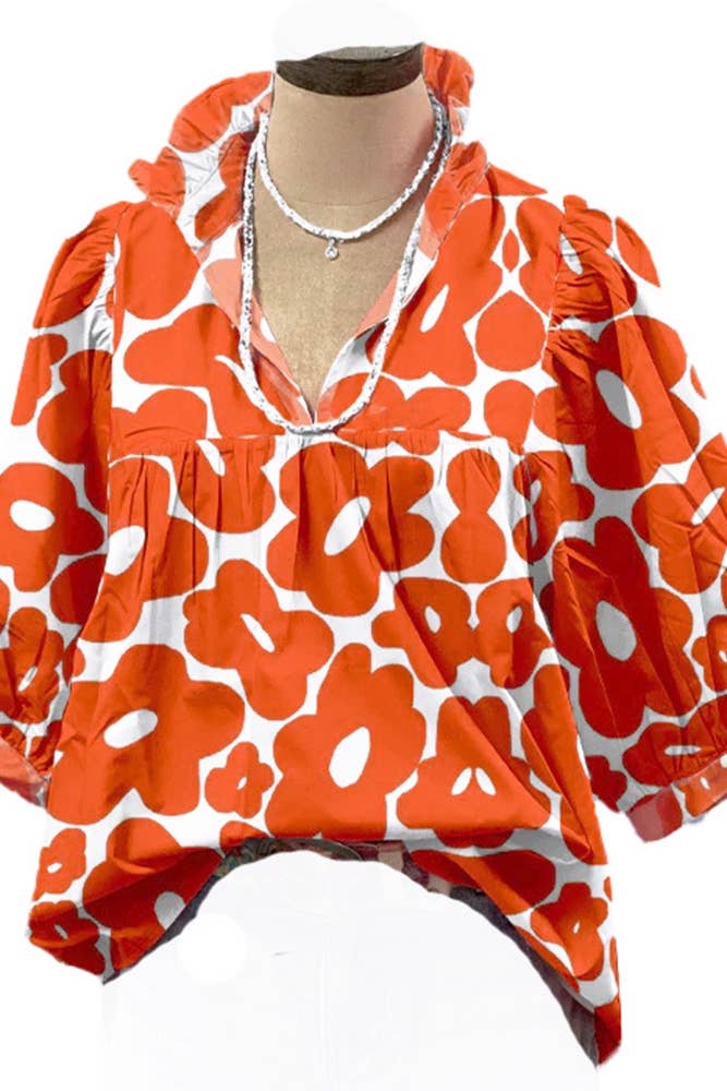 UNISHE - Wholesale Blouse - Women's - Printed Button Up Frill Collar Babydoll Blouse CY1273