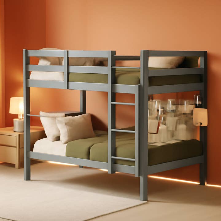 Grey Low Bunk Bed Twin Over Twin With Ladder For Kids Room for wholesale on Faire