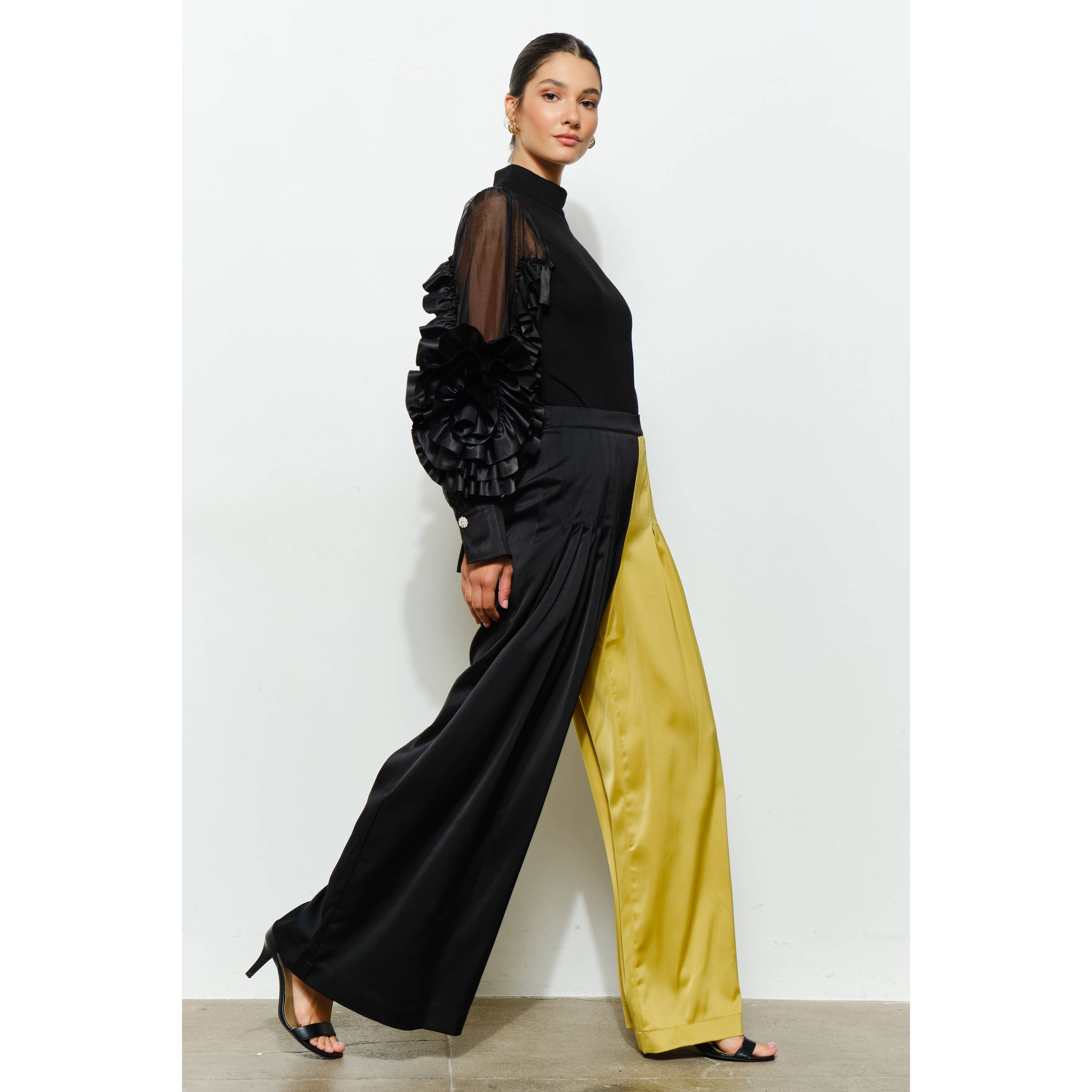 BLACK MUSTARD High Waist Color-Block Pleated Wide-Leg Pants for wholesale on Faire5