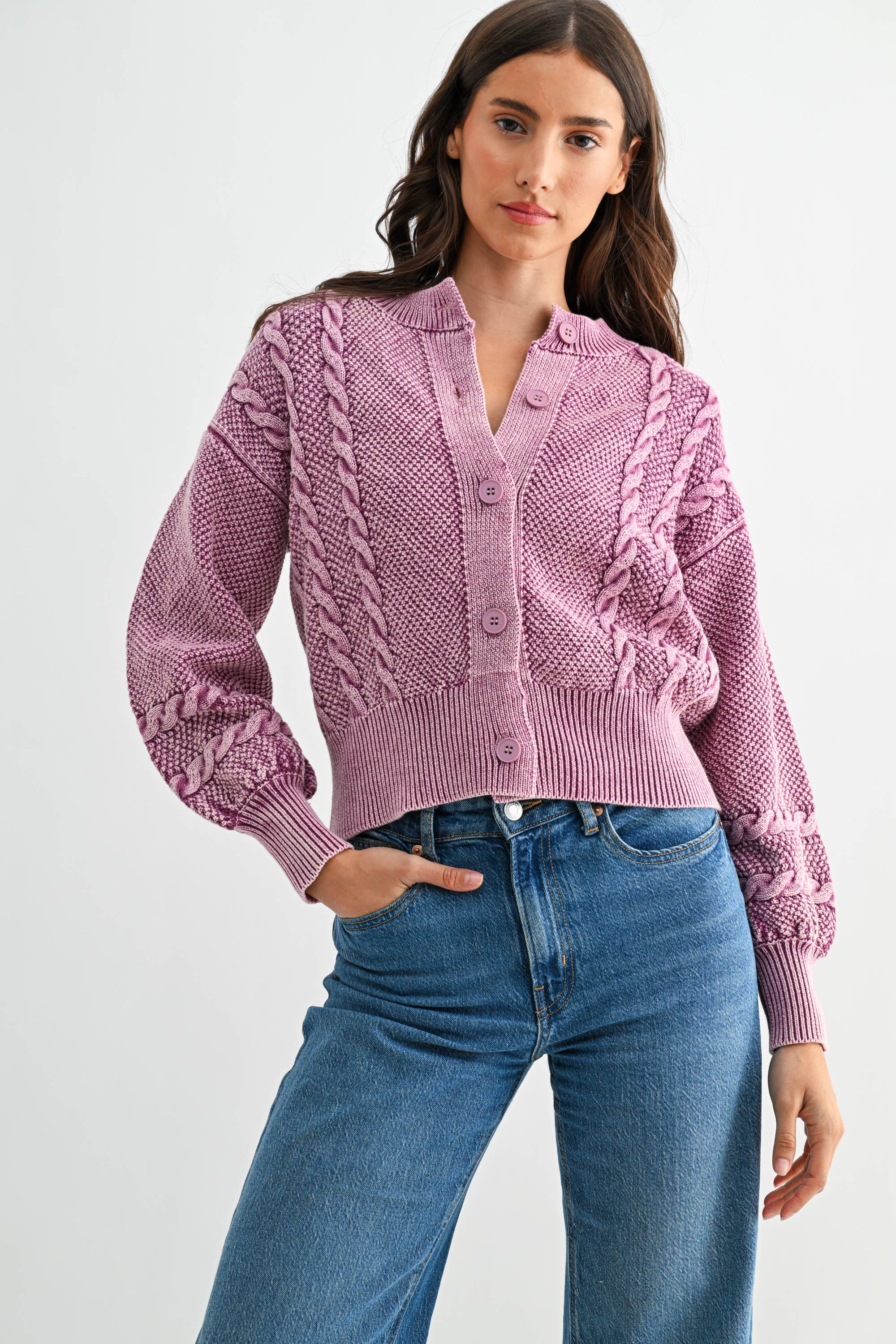 Camellia - Wholesale Cardigan - Women's - CW10019E WASHED BLENDED BROWN CABLE KNIT CARDIGAN26