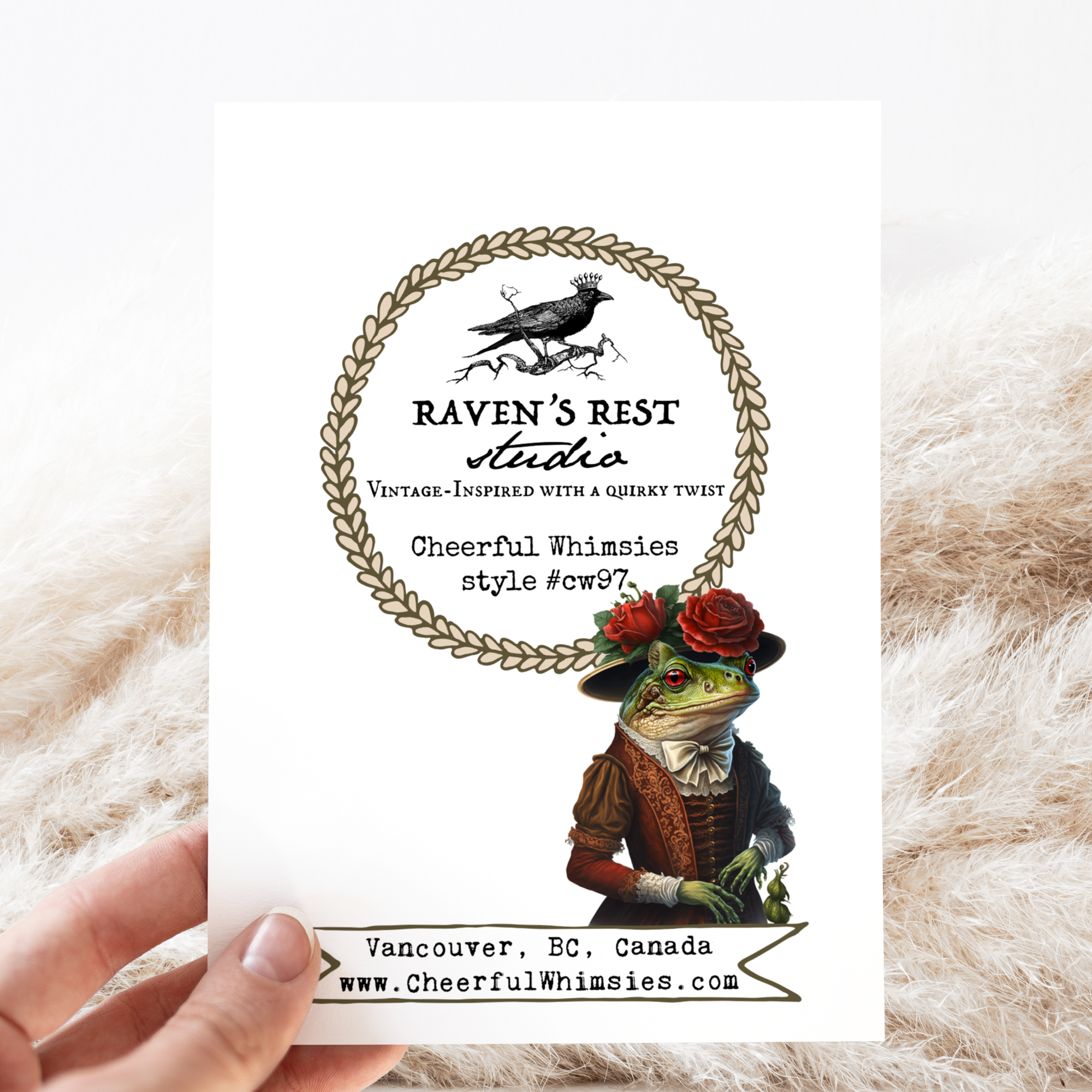 Cheerful Whimsies – Engroshandel Hverdagshilsen kort – Lykønskningskort. Smart klædt frø med blomster.3