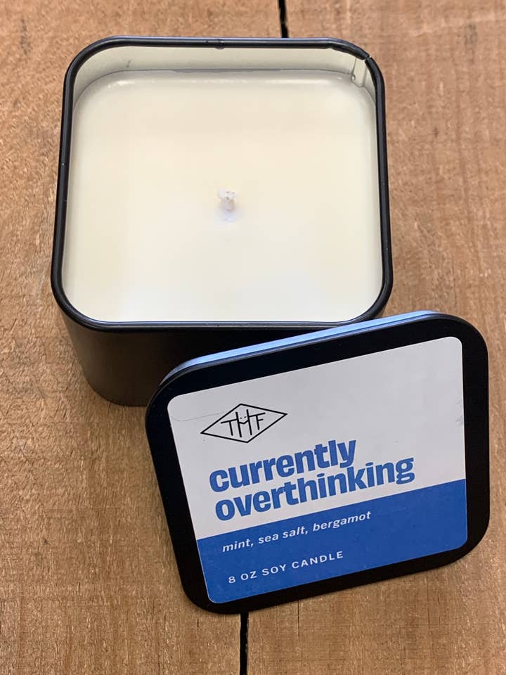 CURRENTLY OVERTHINKING Soy Candle - 8oz Tin for wholesale by The Humble Fox Candle Co.