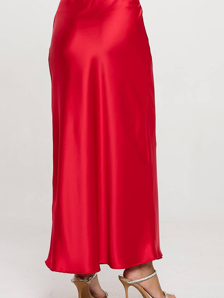 Red Made in USA Silky Satin Maxi Skirt for wholesale on Faire2