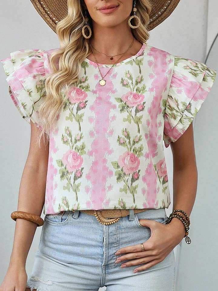Top de Verão com Estampa Floral Rosa e Mangas com Folhos por atacado de Lovesoft