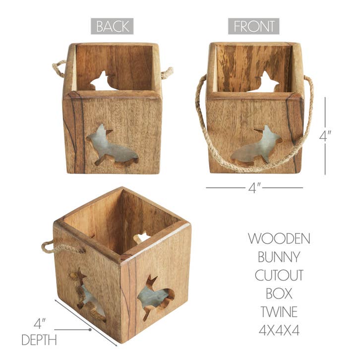 VHC Brands - Wholesale Decorative Tabletop Object - Bunny Hop Wooden Bunny Cutout Box w/ Twine 4x4x4