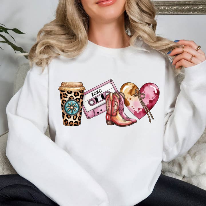 Coffee Xoxo Cowboy Boots Heart Valentines Day Sweatshirt for wholesale by Simply Spoken Apparel