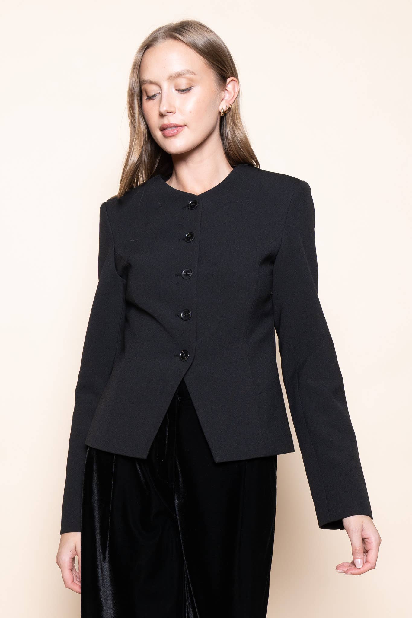 Black BASIC CHIC ROUND NECK BUTTON UP JACKET BLAZER-OI6695FO for wholesale on Faire2